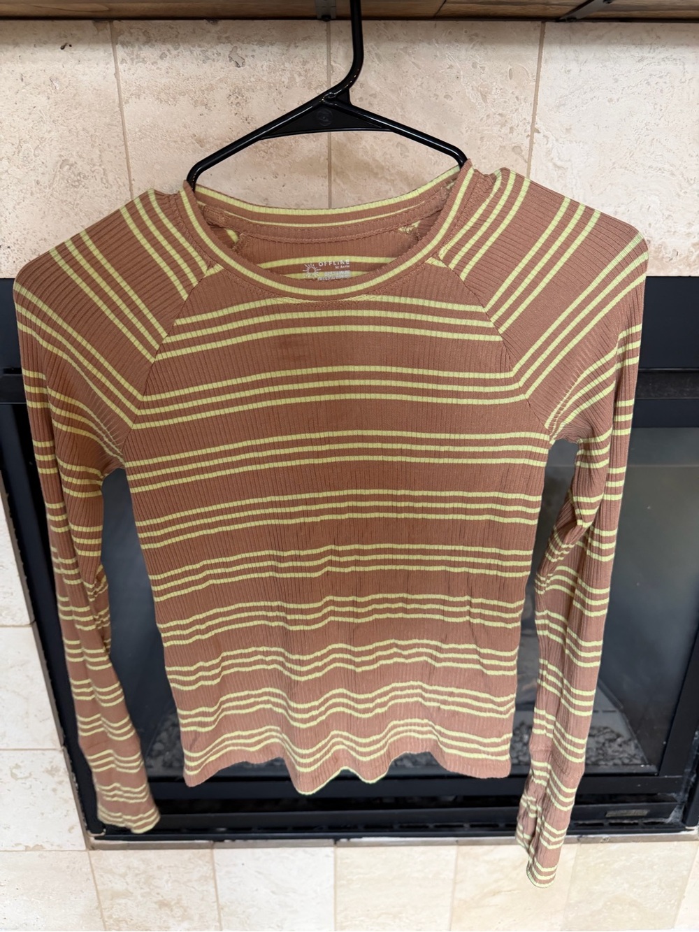 aerie Striped Ribbed Long Sleeve Tee in Brown and Light Green